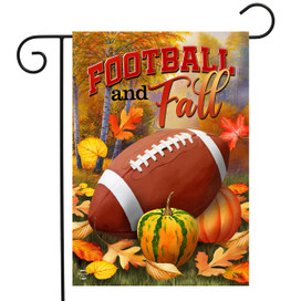 Briarwood Lane Fall And Football Garden Flag with football, pumpkins, and fall leaves design.