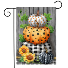 Briarwood Lane Patterned Pumpkin Stack Fall Garden Flag with sunflowers and plaid cloth background.
