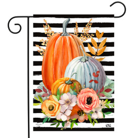 Briarwood Lane striped pumpkins garden flag with orange, white pumpkins, flowers on black and white stripes.