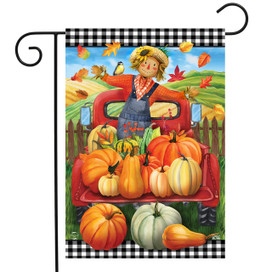 Briarwood Lane Pumpkin Pickup Scarecrow Fall Garden Flag with colorful pumpkins and scarecrow design.