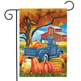 Briarwood Lane Welcome To The Patch Fall Garden Flag with blue truck and colorful pumpkins.