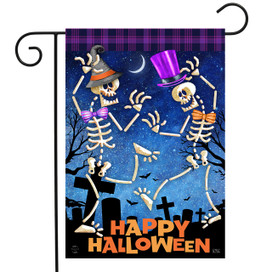Briarwood Lane Dancing Skeletons Halloween Garden Flag with dancing skeletons and Happy Halloween text.