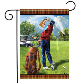 Briarwood Lane Golf Day spring garden flag with colorful, cheery golf scene on small printed fabric.