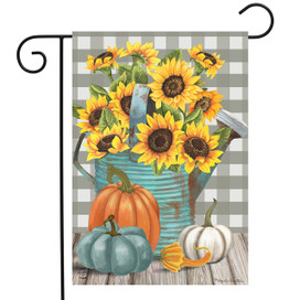 Briarwood Lane garden flag with sunflowers, pumpkins, and gingham background, perfect fall decoration outdoor display.