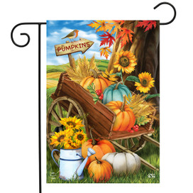 Briarwood Lane Pumpkin Cart Autumn Garden Flag with vibrant pumpkins and sunflowers on a wooden cart.