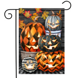Briarwood Lane Patterned Jack-O-Lanterns Halloween Garden Flag with orange black and gray pumpkins design.