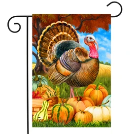Briarwood Lane Turkey And Pumpkins Fall Garden Flag with colorful turkey and pumpkins design.