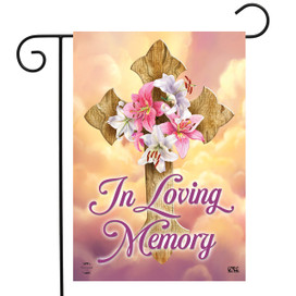 Briarwood Lane small, printed, decorative garden flag with cross and flowers, In Loving Memory.