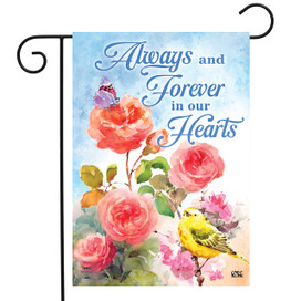 Briarwood Lane Always and Forever Flowers Bereavement Garden Flag with colorful roses and yellow bird.