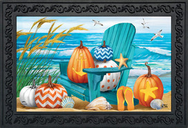 Briarwood Lane Fall At the Beach Doormat with ocean, pumpkins, and beach chair design elements.
