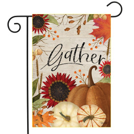 Briarwood Lane Gather Autumn Garden Flag, colorful printed decorative fall flag with pumpkins and flowers.