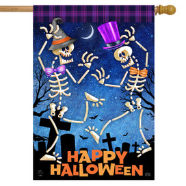 Briarwood Lane Dancing Skeletons Halloween House Flag, colorful holiday display for yard or porch decoration.