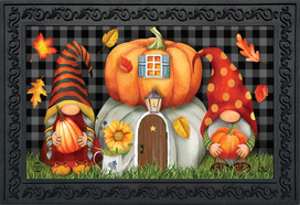 Briarwood Lane Fall Gnome Home Humor Doormat with colorful, cheery autumn gnomes and pumpkin house.
