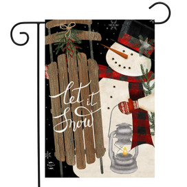 Briarwood Lane Snowman And Sled Primitive Garden Flag, colorful winter holiday decor for porch display.
