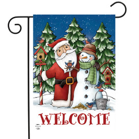 Briarwood Lane small printed Christmas garden flag with Santa and snowman, colorful holiday decoration for porch.
