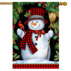 Briarwood Lane small printed Red Checkered Snowman Winter House Flag, colorful holiday decoration for porch display.