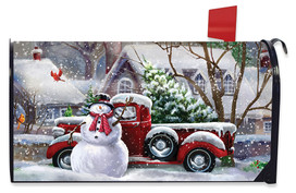 Briarwood Lane Snowfall Snowman Winter Mailbox Cover with snowy red truck and cheerful cardinal scene.