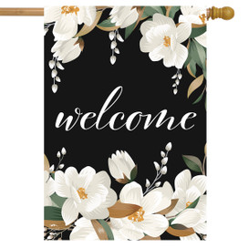 Briarwood Lane small printed welcome banner with white magnolias on a black rustic spring house flag.