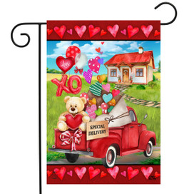 Briarwood Lane Love Filled Pickup Valentine's Day Garden Flag with teddy bear and hearts.