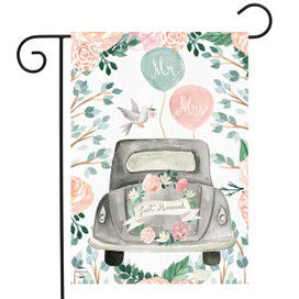 Briarwood Lane Just Married Burlap Garden Flag with floral truck design and pastel balloons.