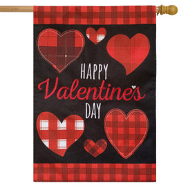 Briarwood Lane red and black plaid Valentine's Day burlap house flag with hearts and text.