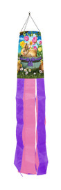 Briarwood Lane Spring Bunny Basket Floral Windsock with bunnies, tulips, and colorful ribbons hanging freely.