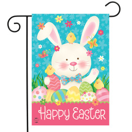 Briarwood Lane Easter Bunny And Chicks garden flag with colorful eggs, chicks, flowers, and bunny.