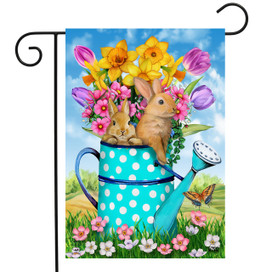 Briarwood Lane bunny and watering can spring garden flag with colorful flowers and bunnies.