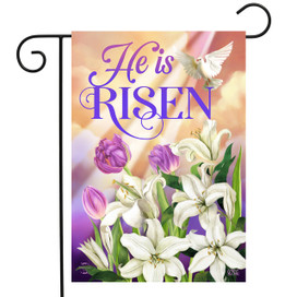 Briarwood Lane He Is Risen Easter garden flag with lilies, cross, and holy spirit design.