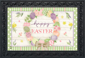 Briarwood Lane Easter Egg Wreath Holiday Doormat with colorful eggs and happy Easter text on patterned background.