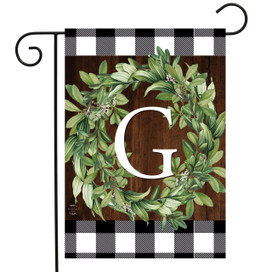 Briarwood Lane Wreath Monogram G Garden Flag with greenery and checkered border for porch or yard.