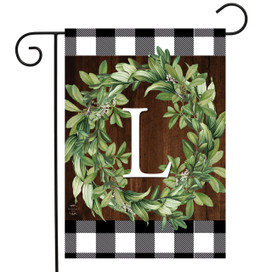 Briarwood Lane Wreath Monogram L Garden Flag with greenery on checkered background for porch display.