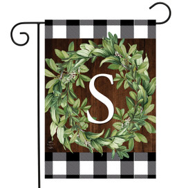 Briarwood Lane Wreath Monogram S Garden Flag with greenery and checkered border for porch or yard.