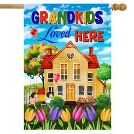 Briarwood Lane colorful spring house flag with "Grandkids Loved Here" and vibrant garden scene.