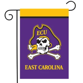 Briarwood Lane East Carolina University NCAA garden flag with purple, gold, and white pirate skull design.