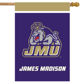 Briarwood Lane official NCAA James Madison University house flag, purple with gold and white details.