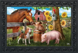 Briarwood Lane farm animals doormat with colorful horses, pigs, dogs, and sunflowers on floral background.