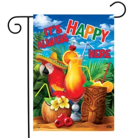Briarwood Lane Always Happy Here summer garden flag with colorful tropical drinks and happy parrot.