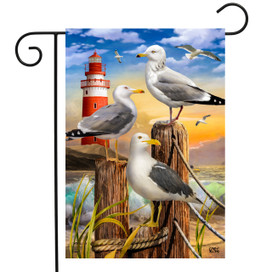 Briarwood Lane small printed garden flag with seagulls, lighthouse, and coastal scenery for spring summer porch display.