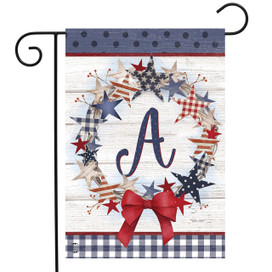 Briarwood Lane American Wreath Monogram A garden flag, small, printed, decorative, colorful, patriotic, red, white, blue.