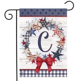 Briarwood Lane American Wreath Monogram C garden flag, patriotic red, white, blue decorative stitched design.