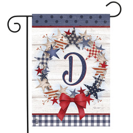 Briarwood Lane American Wreath Monogram D garden flag, red, white, blue stars and stripes decorative.
