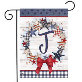 Briarwood Lane American Wreath Monogram J garden flag, colorful, patriotic, monogrammed decorative flag with stars.