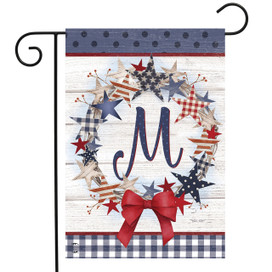 Briarwood Lane small American Wreath Monogram M garden flag with colorful, monogrammed, patriotic stars.