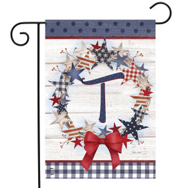 Briarwood Lane small American Wreath Monogram T garden flag with red, white, and blue stars.