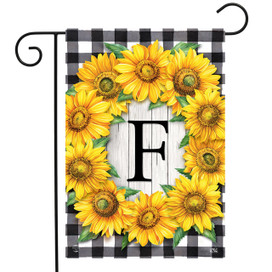 Briarwood Lane Sunflowers Monogram F Garden Flag, colorful floral printed decorative seasonal display for spring summer.