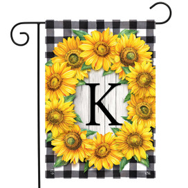 Briarwood Lane Sunflowers Monogram K garden flag, colorful floral wreath on black and white checkered background.