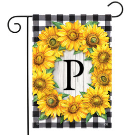 Briarwood Lane Sunflowers Monogram P Garden Flag, colorful floral decorative flag with bright sunflowers and monogram.