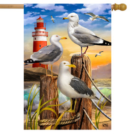 Briarwood Lane Seagulls Summer House Flag with nautical lighthouse and birds on colorful coastal design.
