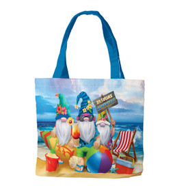 Briarwood Lane Summer Gnomes Humor Canvas Tote Bag with colorful beach gnomes on a bright background.